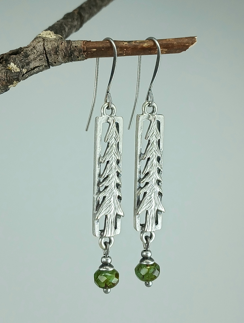 HAND CRAFTED Evergreen Tree Silver Dangle Earrings Green Czech Glass Rustic